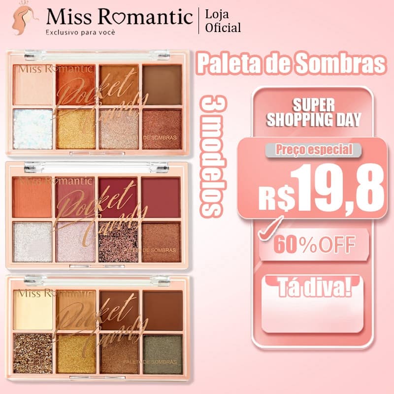 Paleta de Sombras Miss Romantic 💖 8 Cores Cintilantes – Alta Pigmentação, Longa Duração e 3 Estilos Incríveis