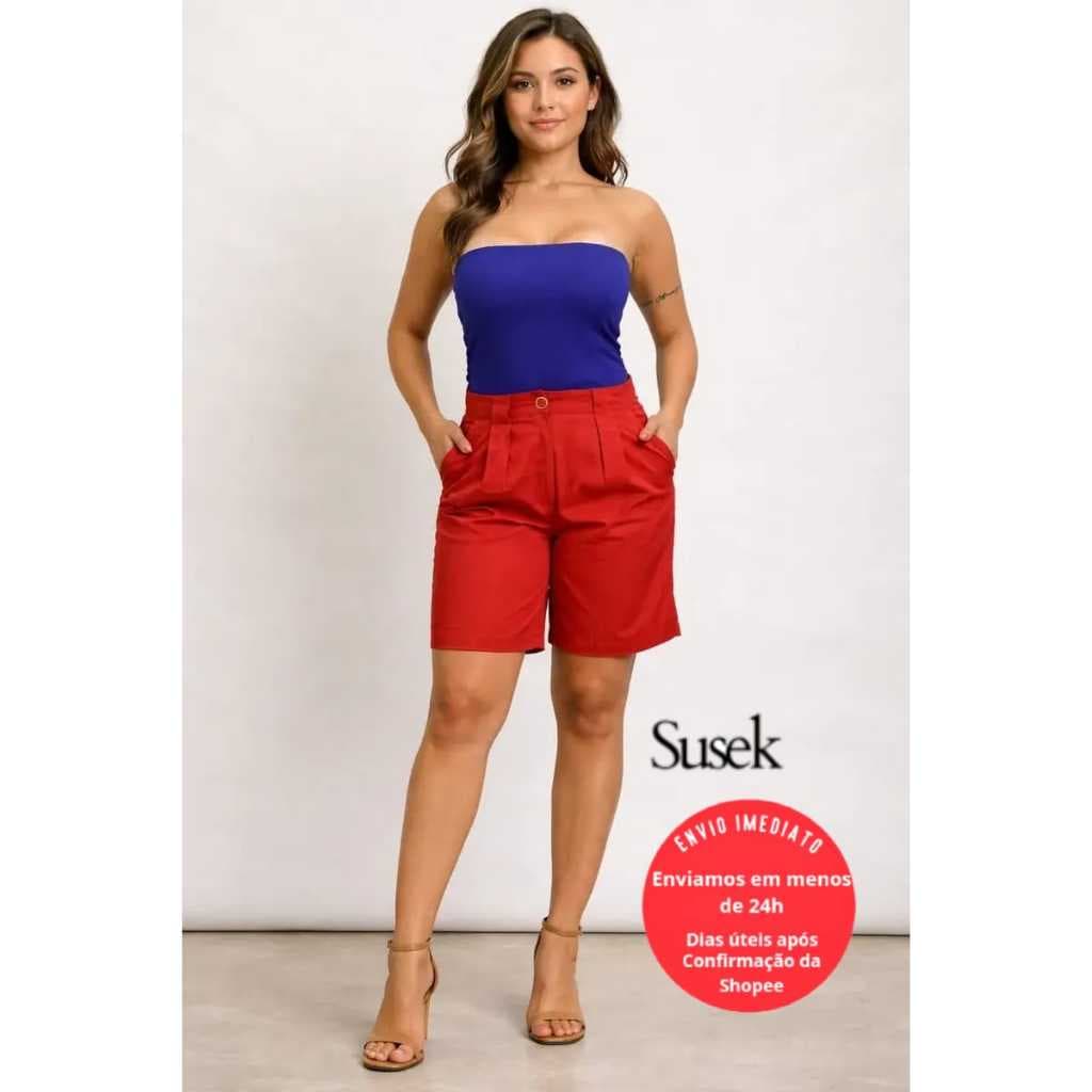 Casual Shorts Liso com Bolsos para Mulheres Sem Cinto Linho 136
