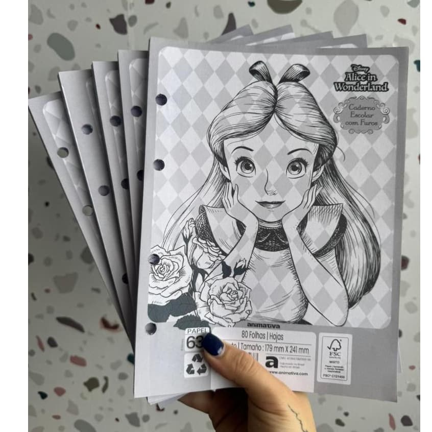 Refil de Caderno Argolado Alice no País das Maravilhas 80 Fohas ou Kit 5 Refis de 80 Folhas Cada 179mm x 241mm Escolar