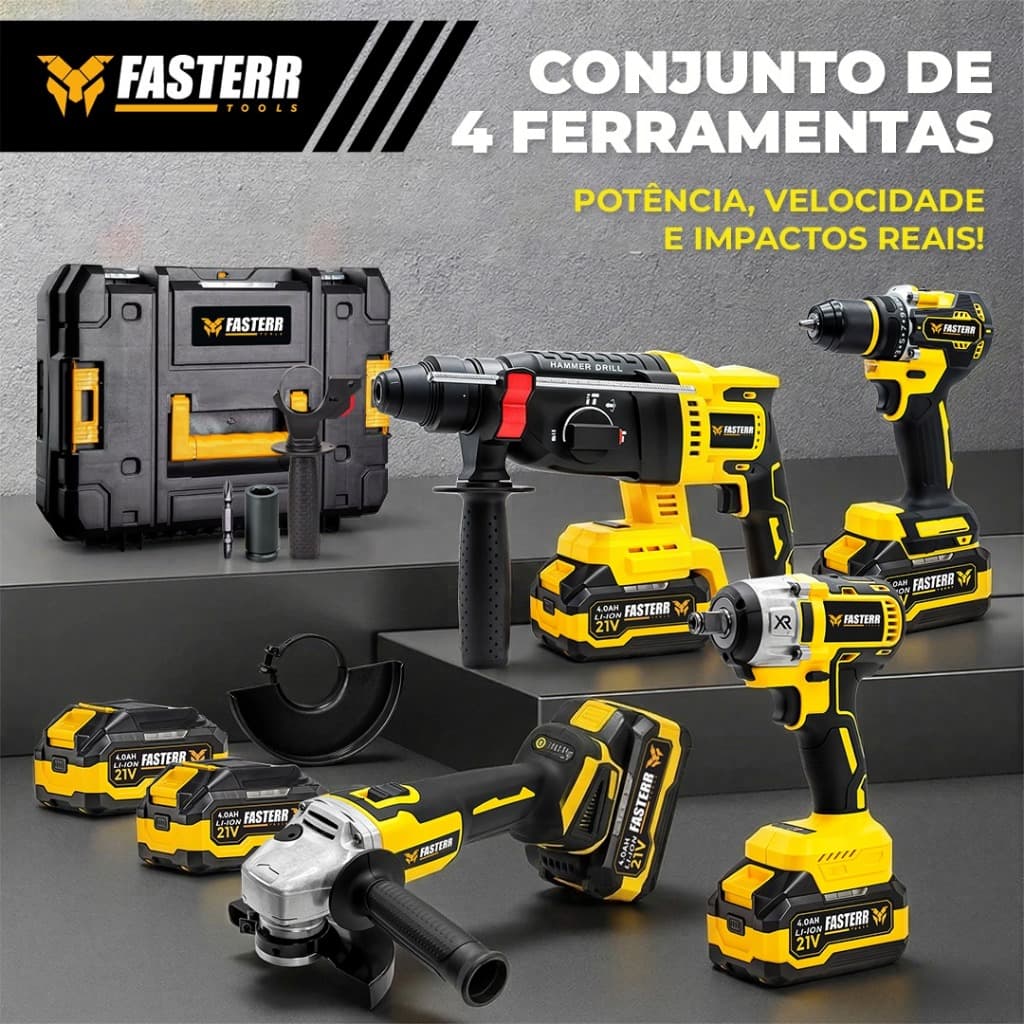 Kit De Ferramentas Versátil Profissional 4 Em 1 Com 2 Baterias 21V Brushless FST001K - Fasterr