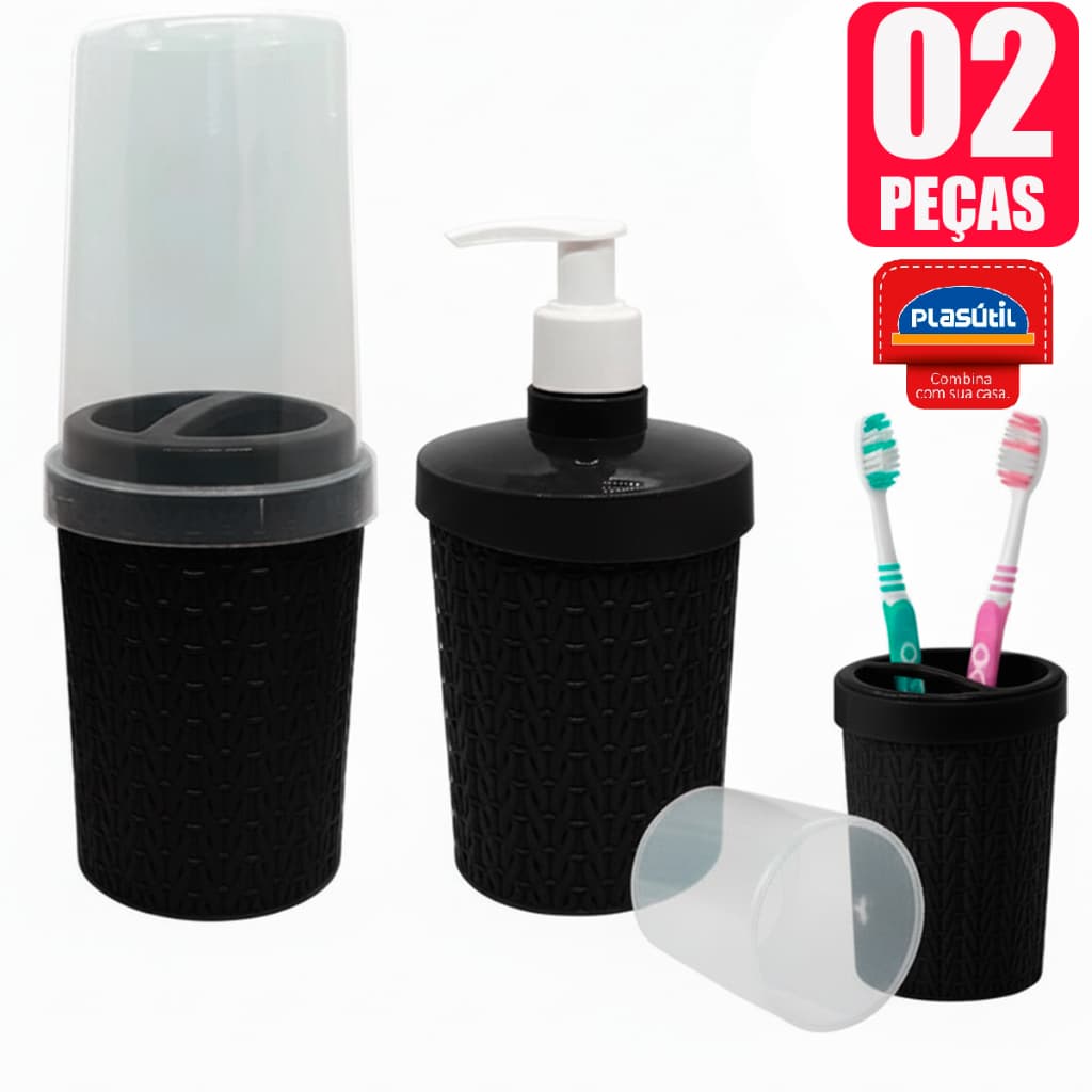 Kit Banheiro Lavabo Ratan Preto – Porta Sabonete Líquido Porta Escova Plastico Resistente