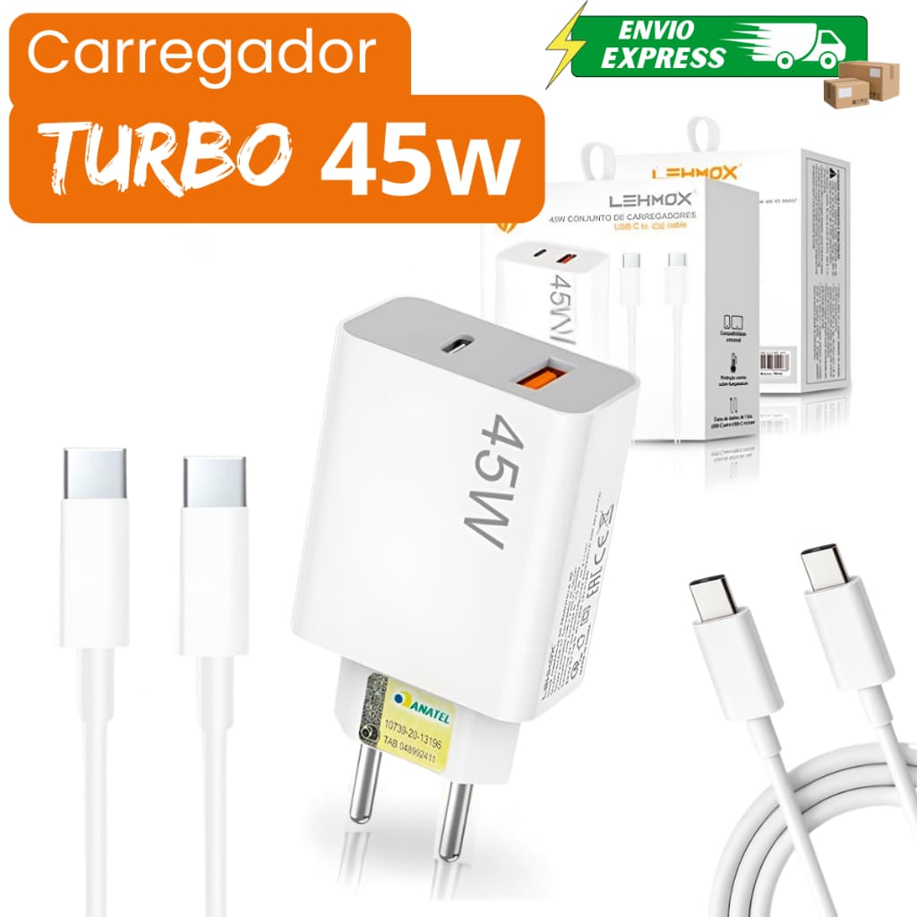 Carregador Completo Turbo Power Para Xiaomi Redmi Poco Cabo USB + Cabo Tipo C 45W Original Lehmoxx