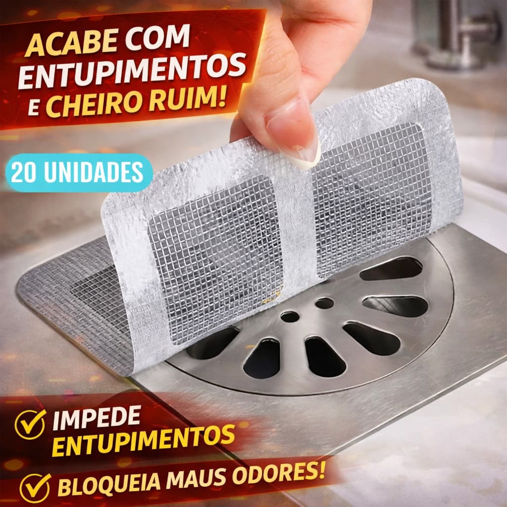 Kit 20 Telas Protetoras para Ralo com Adesivo Descartável Anti Entupimento Cabelo e Sujeira