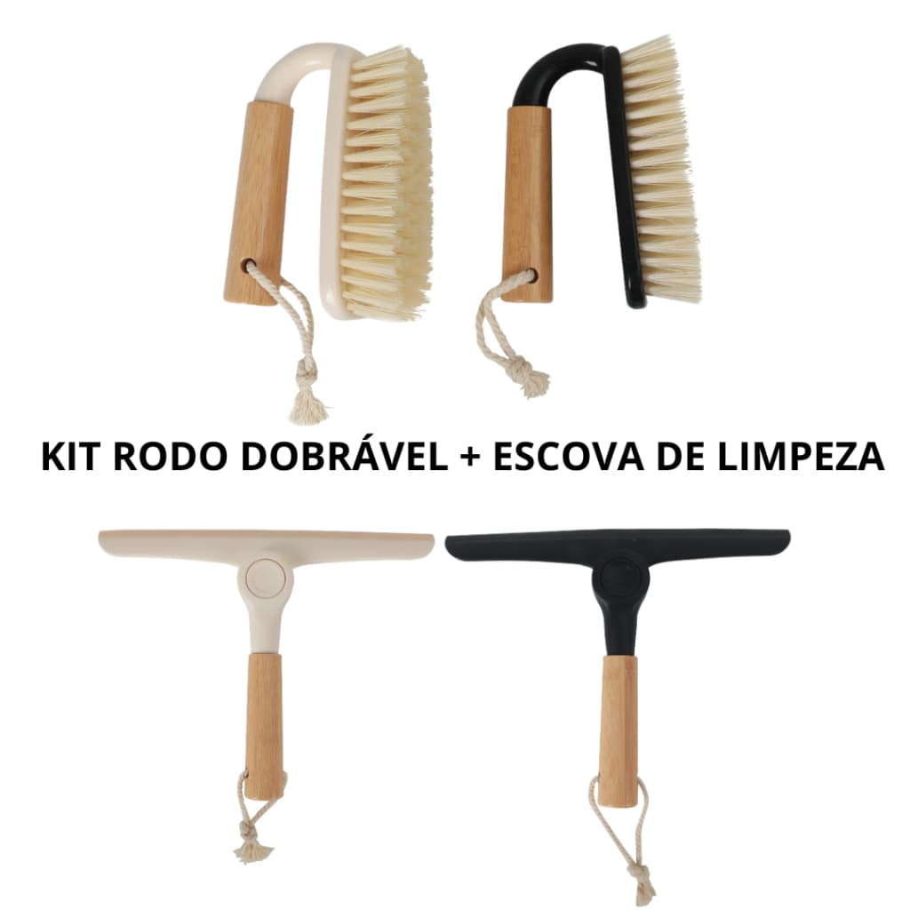 Super Kit Limpeza Rodo Dobrável + Escova de Limpeza Bambu Decoração Oikos