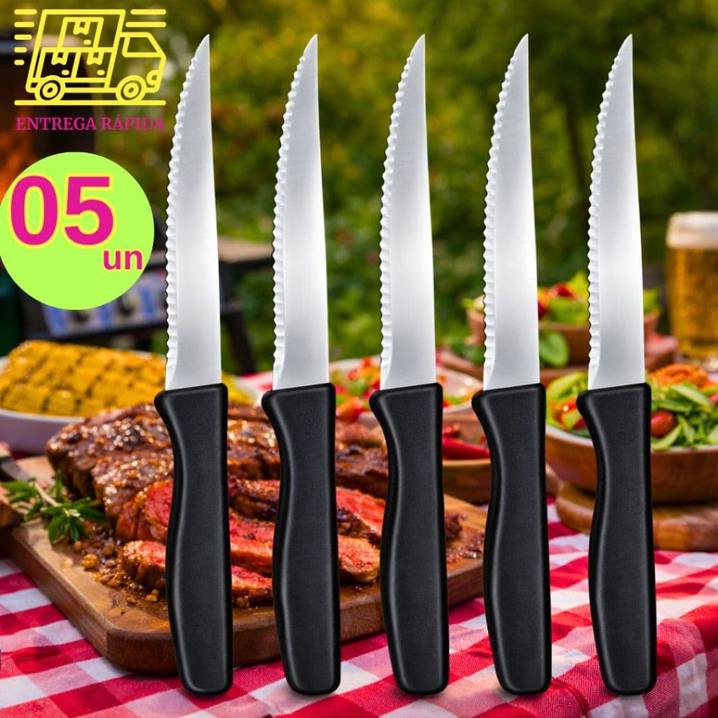 Kit 5 Facas de Churrasco Inox Cabo Preto com Serrinha Ideal Refeições Restaurantes e Uso Diário