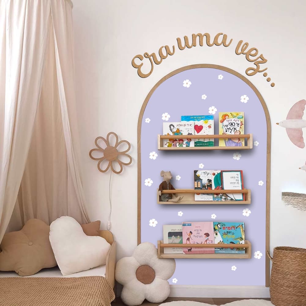 Adesivo de Parede Arco Romano Floral com frase e moldura em MDF várias cores decoração bebê