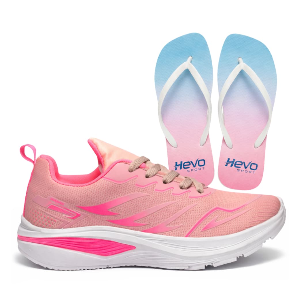 Kit Tênis Hevo e Chinelo Feminino Treino Caminhada Corrida Academia Lazer