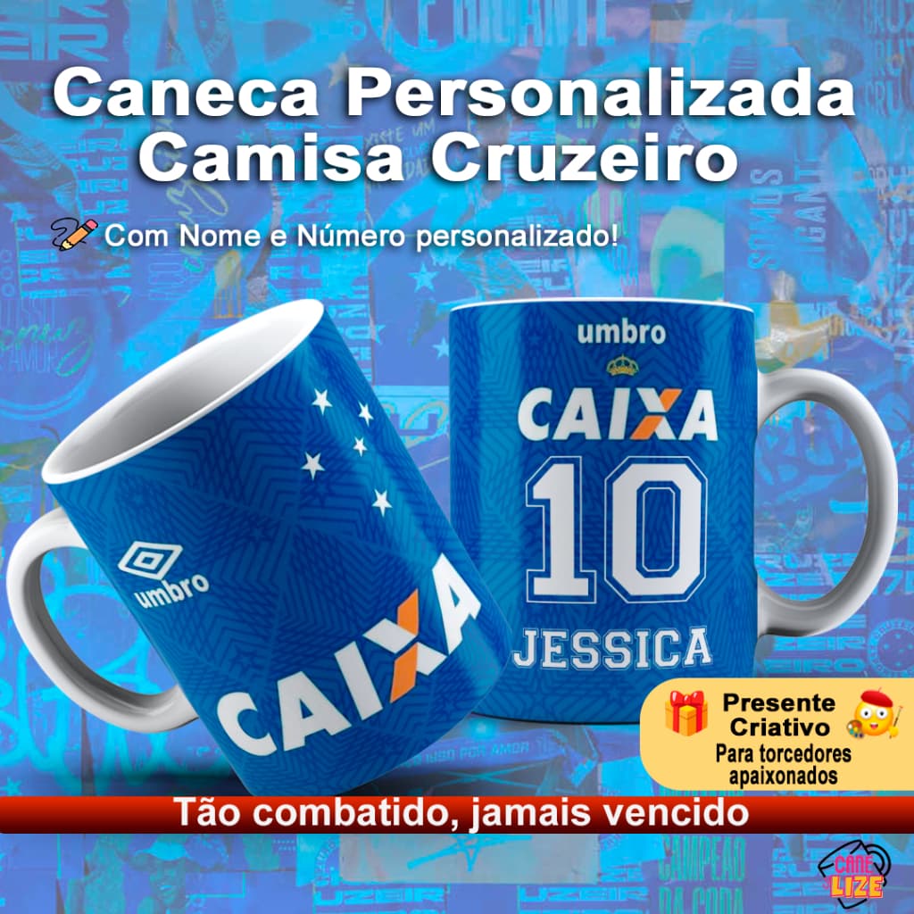 Caneca Cruzeiro Personalizada com Nome e Número | Camisa do Time Presente Torcedor