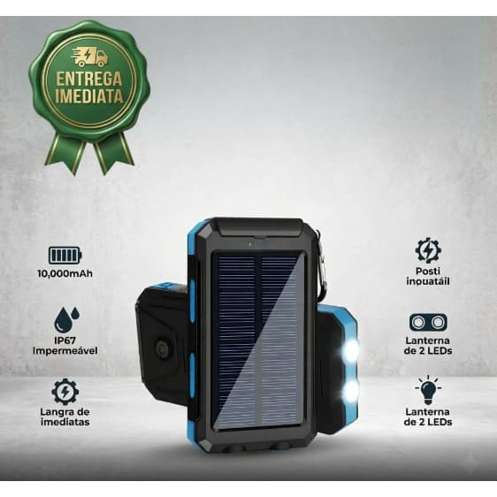 Carregador solar com luzes táticas e bussola