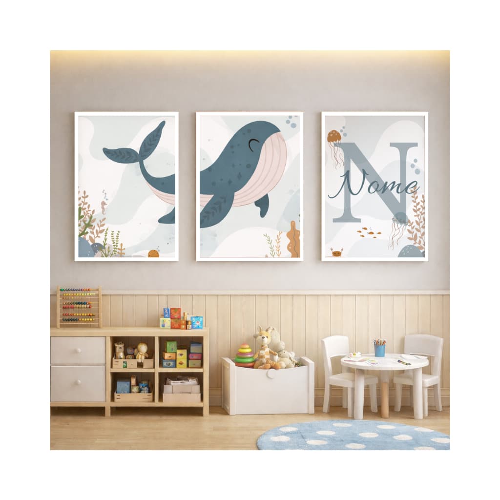 Kit 3 Quadros Decorativos Infantil Menino Baleia Azul Fundo do Mar Personalizado com Nome Quarto de Bebê