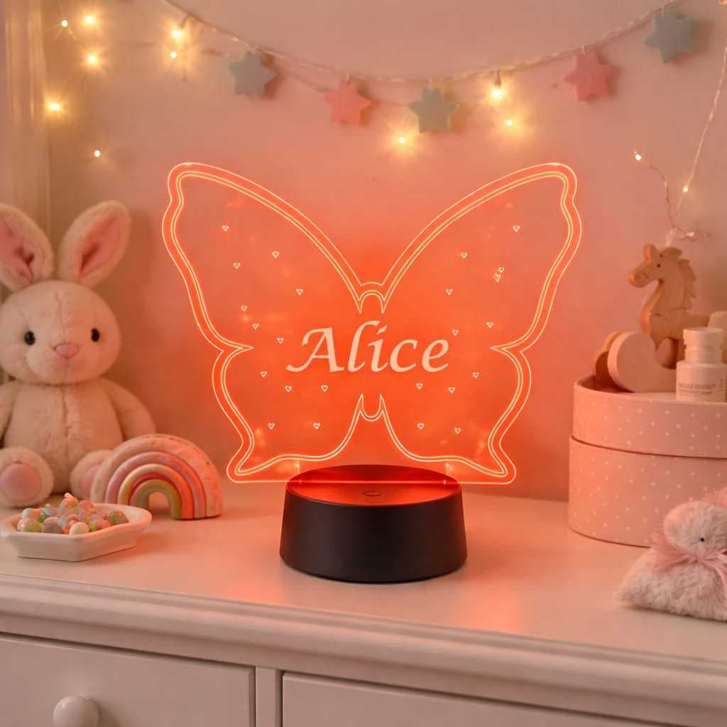 Luminária Personalizada Infantil LED RGB e Touch, Presente Criança Bebê Batizado Borboleta Futebol