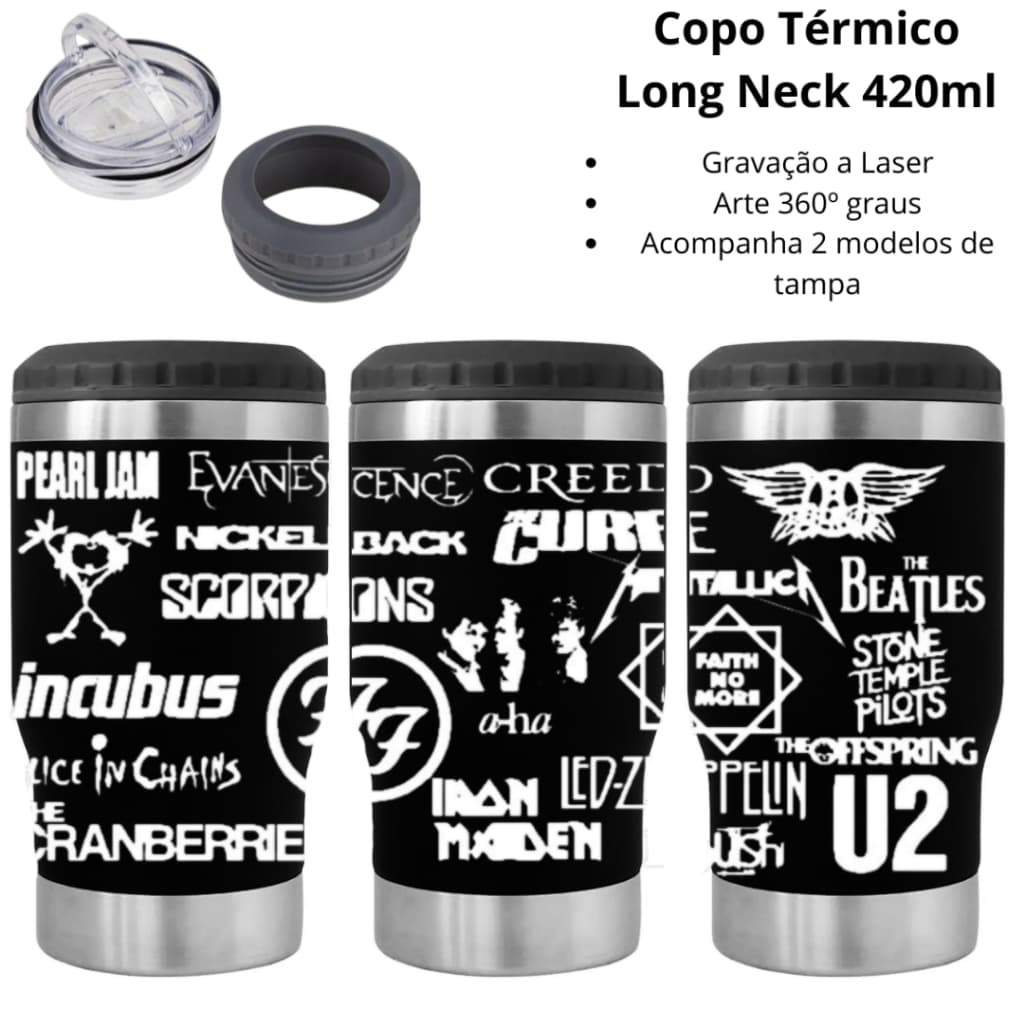 Copo Térmico LONG NECK 6EM1 arte 360graus a laser Tema: Banda de Rock Gótico bandas antigas Classico Cuia 350ml
