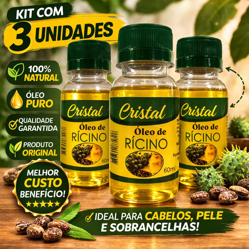 Kit 3 a 5 Óleo de Rícino Cristal 60ml Cada 100% Natural Puro Para Cabelo Barba Pele Hidratante