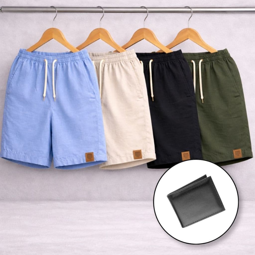 Kit 4 Shorts Linho + Carteira Combo Verão Casual Premium