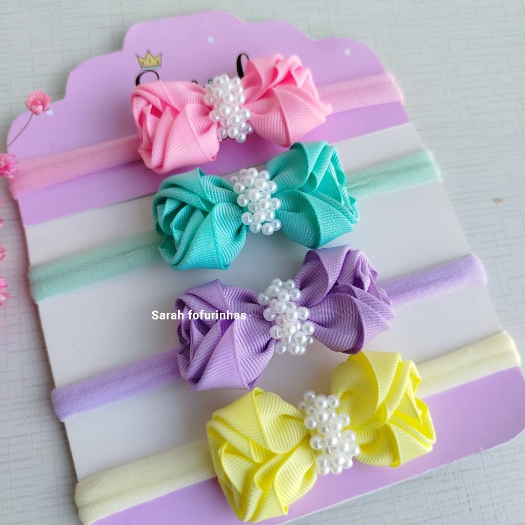 kit com 4 laços para bebê/laço de cabelo para bebê/laço na faixinha/laço de bebê/laço com pérolas