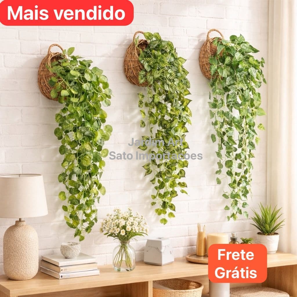 Kit Decorativo 3 Vasos Sintéticos Trançados com 9 Plantas Pendente Artificial para Parede ou Jardim Vertical pt11