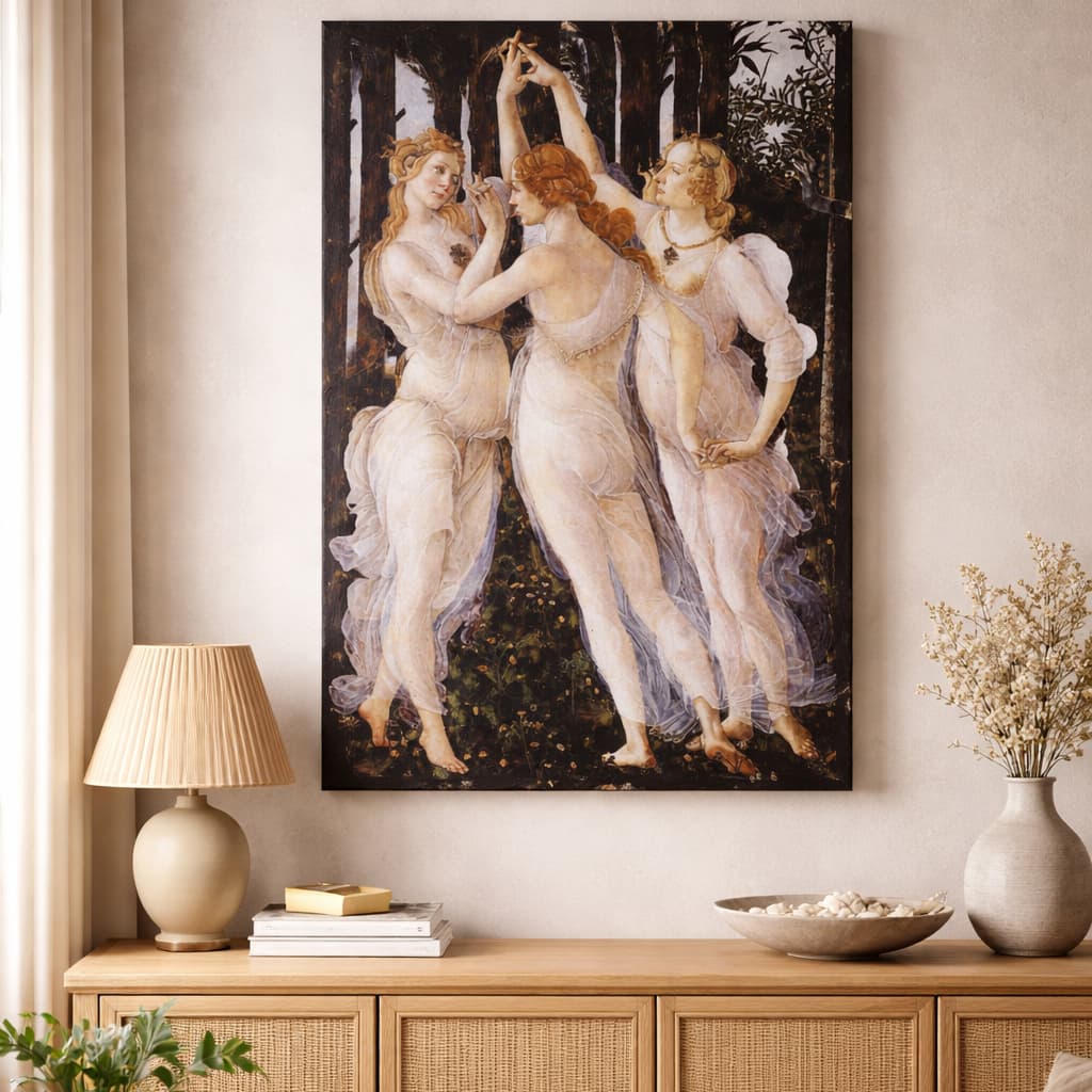 Quadro Decorativo Três Graças recorte A Primavera de Sandro Botticelli em Tela Acetinada