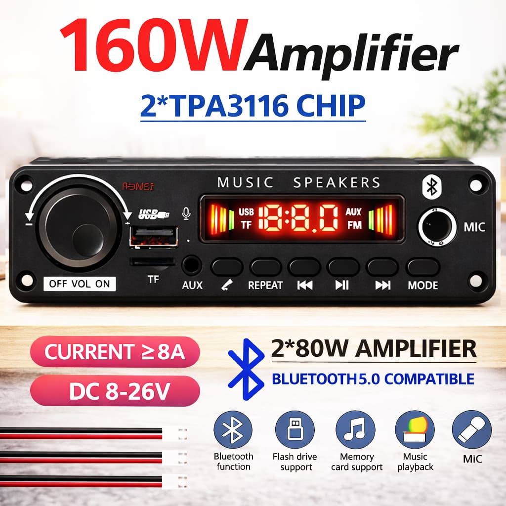 Placa amplificadora profissional 160W Bluetooth 5.3 MP3 alta potência 8V-26V