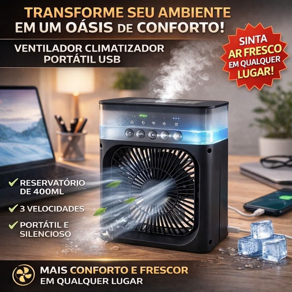 Ventilador Climatizador Portátil USB Mini Ar Condicionado Mesa Umidificador 400ml Silencioso