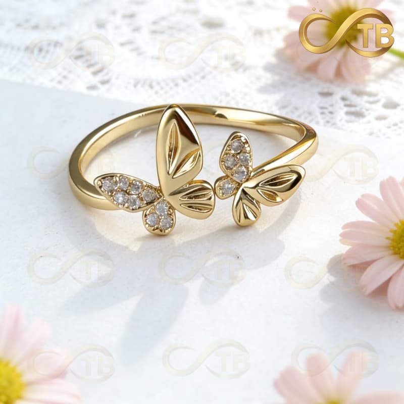 TB Feminino Anel Aberto Borboleta Feminino com Zircônias Ajustável Elegante Ouro/Prata Presente