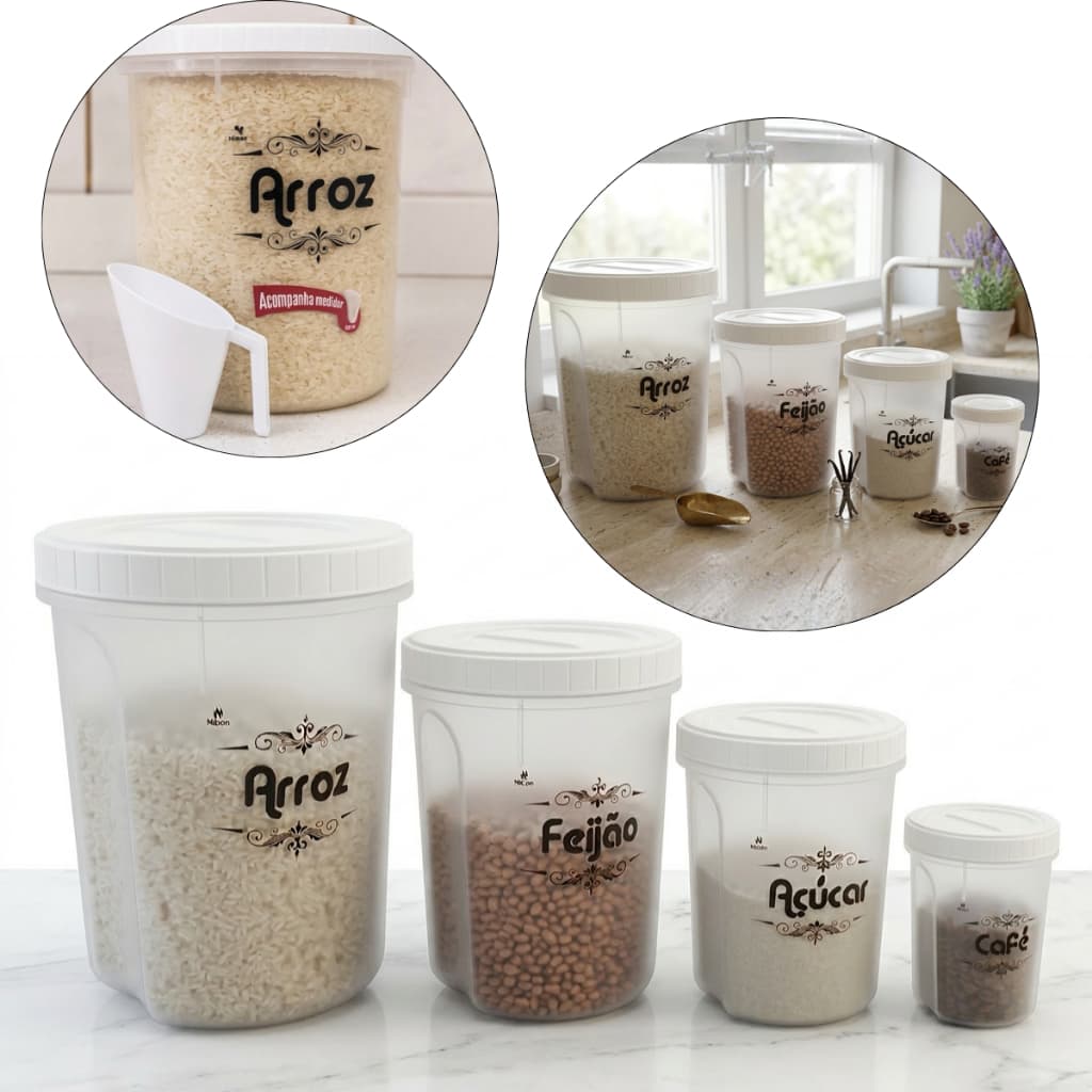 Kit Potes Mantimento Branco 5 Peças Arroz Feijão Açúcar Café