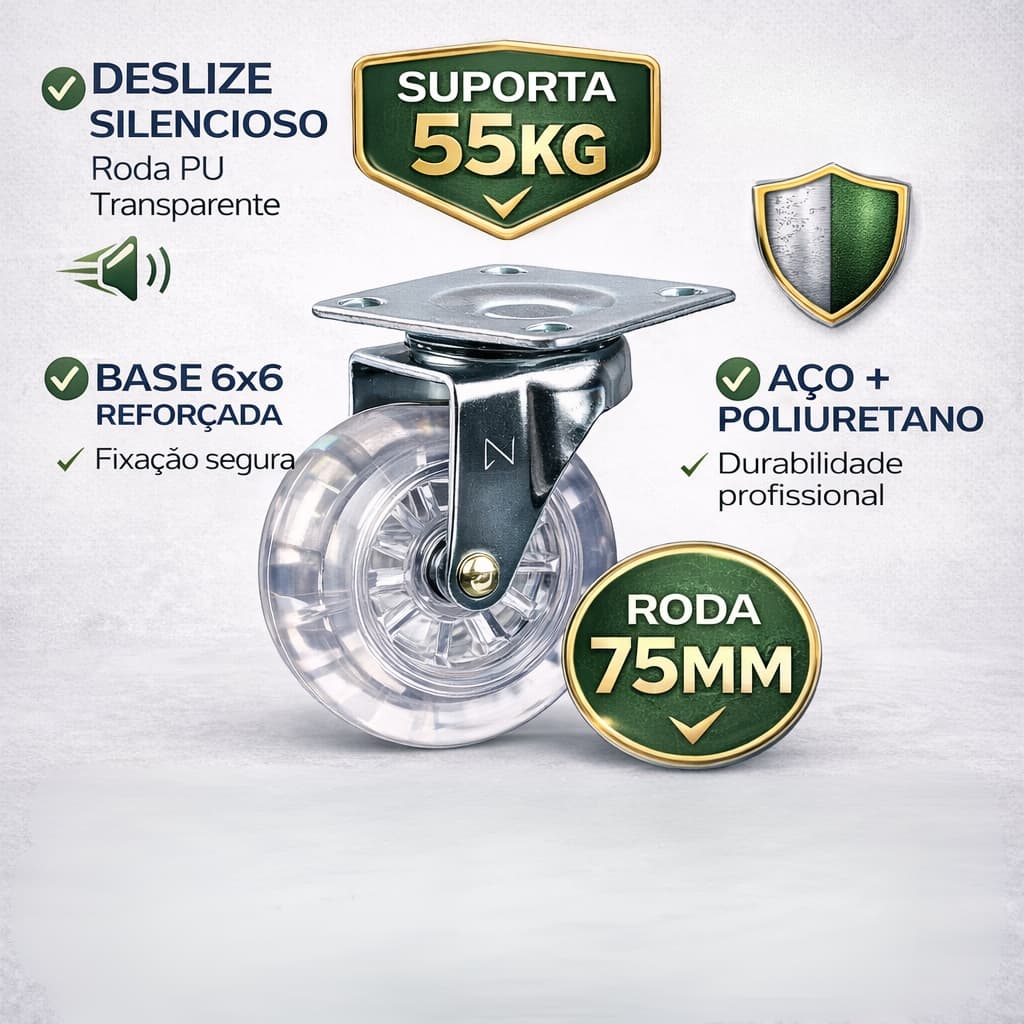 Rodízios Giratórios Silicone 75mm Carga 220kg- Para Moveis e Equipamentos Geral- Kit 4 UN+ Parafusos