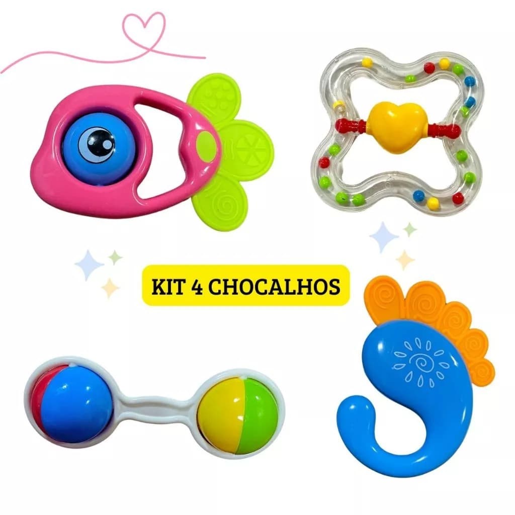 Brinquedos Menino Menina Para Bebê Kit com 4 pçs Chocalho + Mordedor Macio Colorido