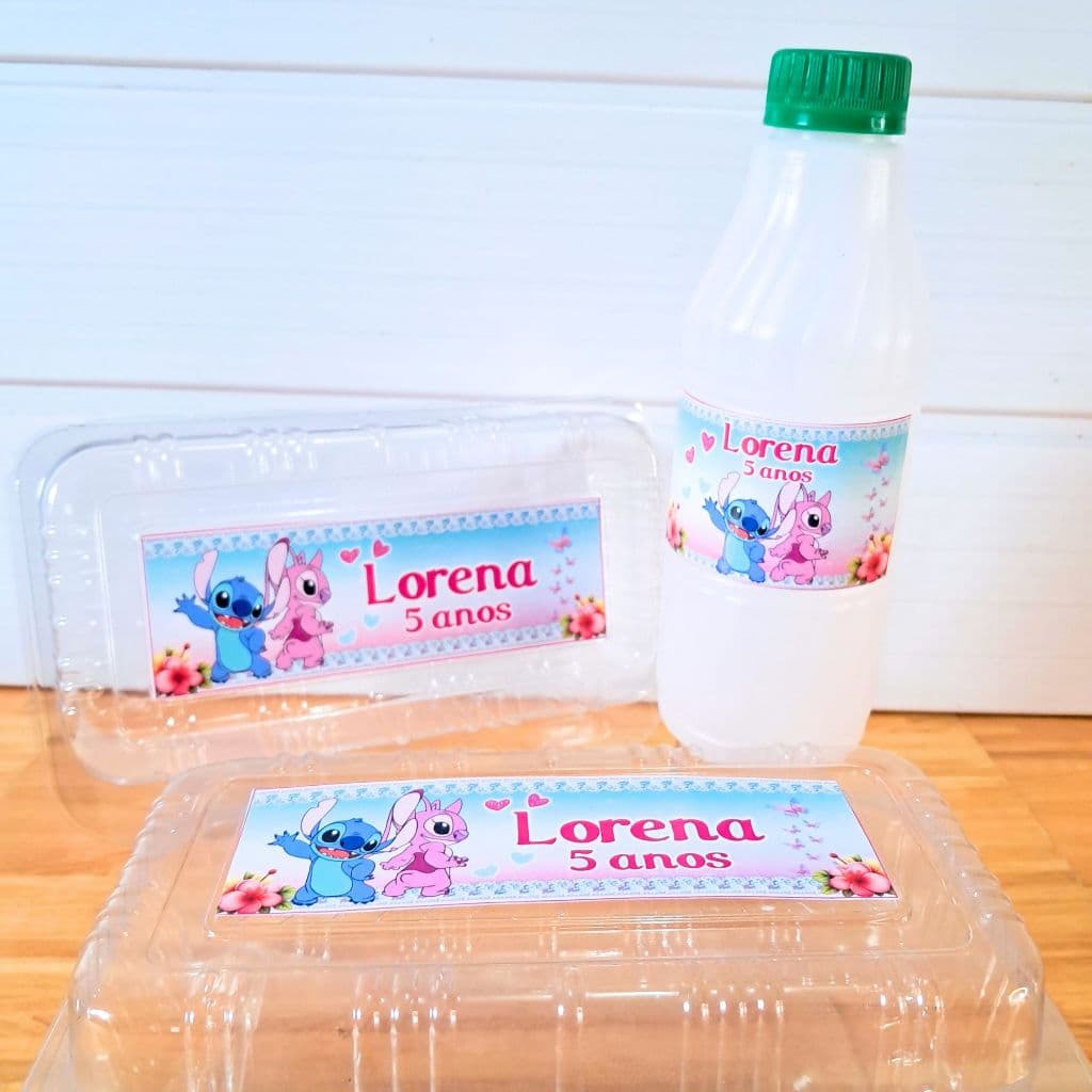 Rótulo Adesivo Stitch e Angel Personalizado | Para Marmitinha e Garrafinha | Lembrancinha Festa Infantil