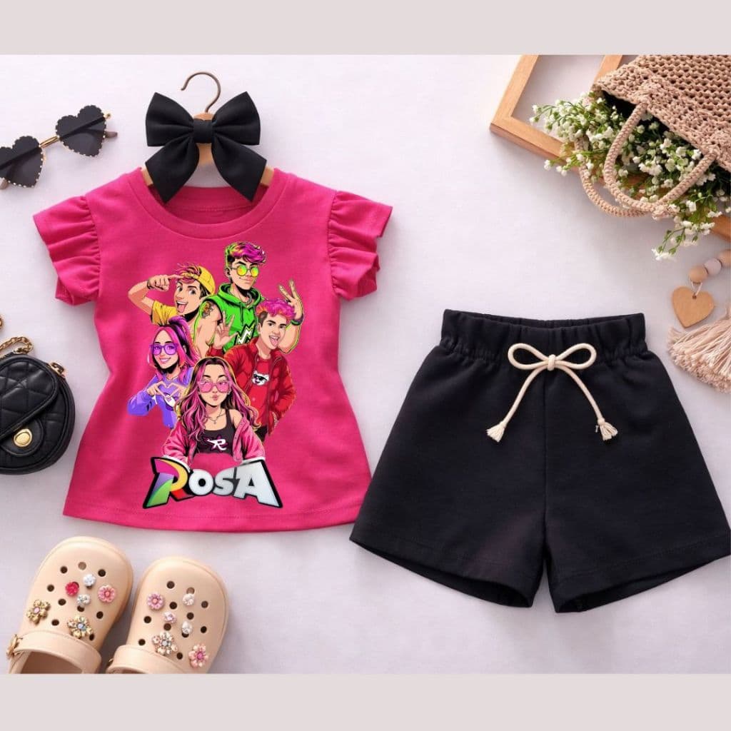 Conjunto Infantil Menina Rosa + Short Preto Estilo Blogger Fashion Roupa Infantil Feminina Conjunto Verão Menina Look Fo