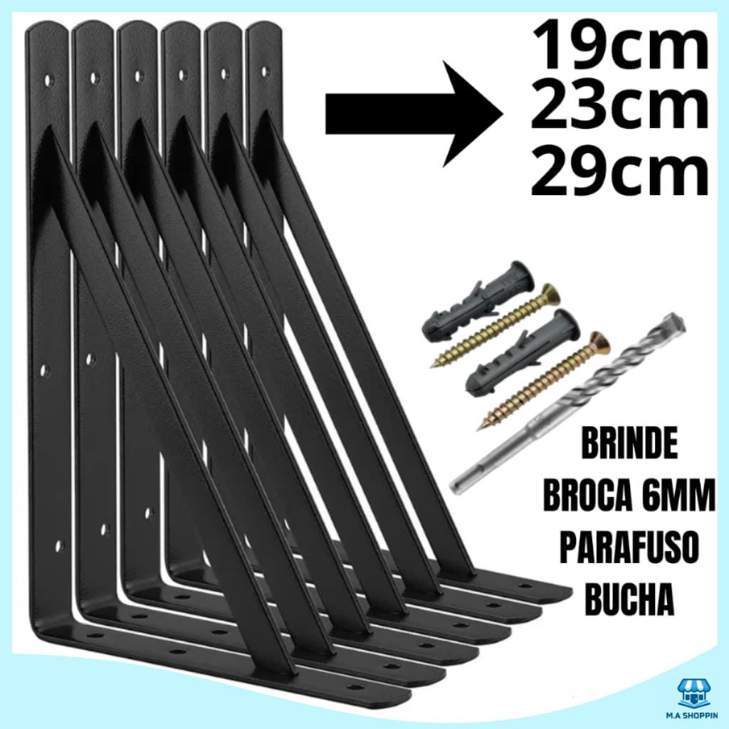 Suportes Mão Francesa Preta 19cm/23cm/29cm Canto Tábua Cantoneira Reforçada Com Broca - BBP