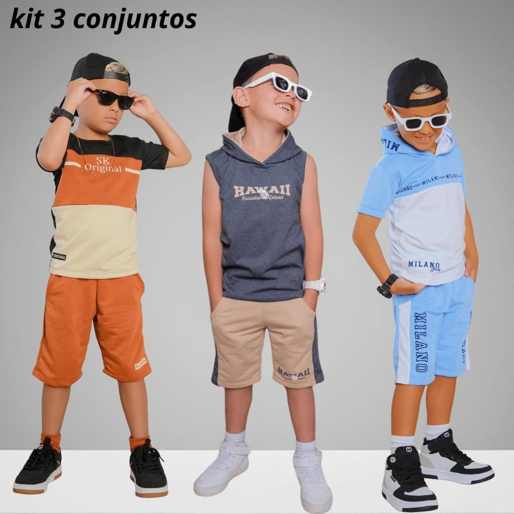 Kit 3 Conjuntos Infantil Masculino Lançamento Blusa 100% Algodão + Bermuda de Moletinho