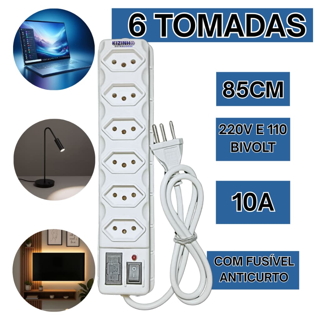 Filtro de Linha 6 Tomadas Branca Bivolt 10A com Fusível de Proteção 85cm Suporte para Fixa na Parede