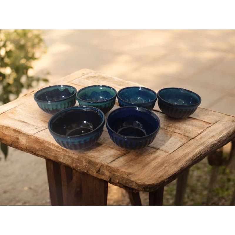 Kit 6 Bowl 500 Ml Azul Relevo Clássico Modelos Variados 2 Linha Em Porcelana Para Sobremesas Frutas Petiscos Sopas