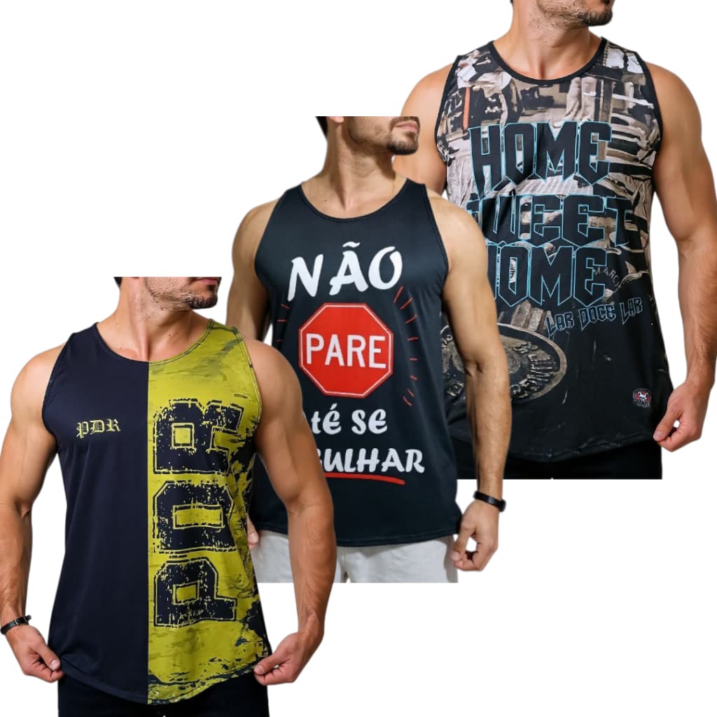Kit 3 Regatas Machão Estampadas Dry Fit Academia  Regata Fitness Masculina Treino