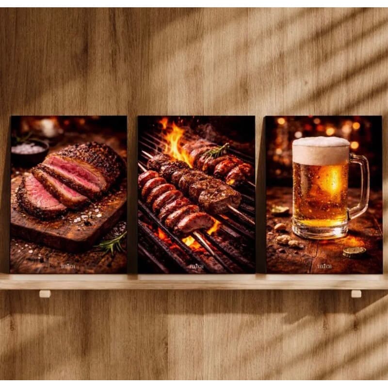 Kit 3 Quadros Decorativos Área Gourmet Churrasco Chopp Decoração Cantinho do Churrasco