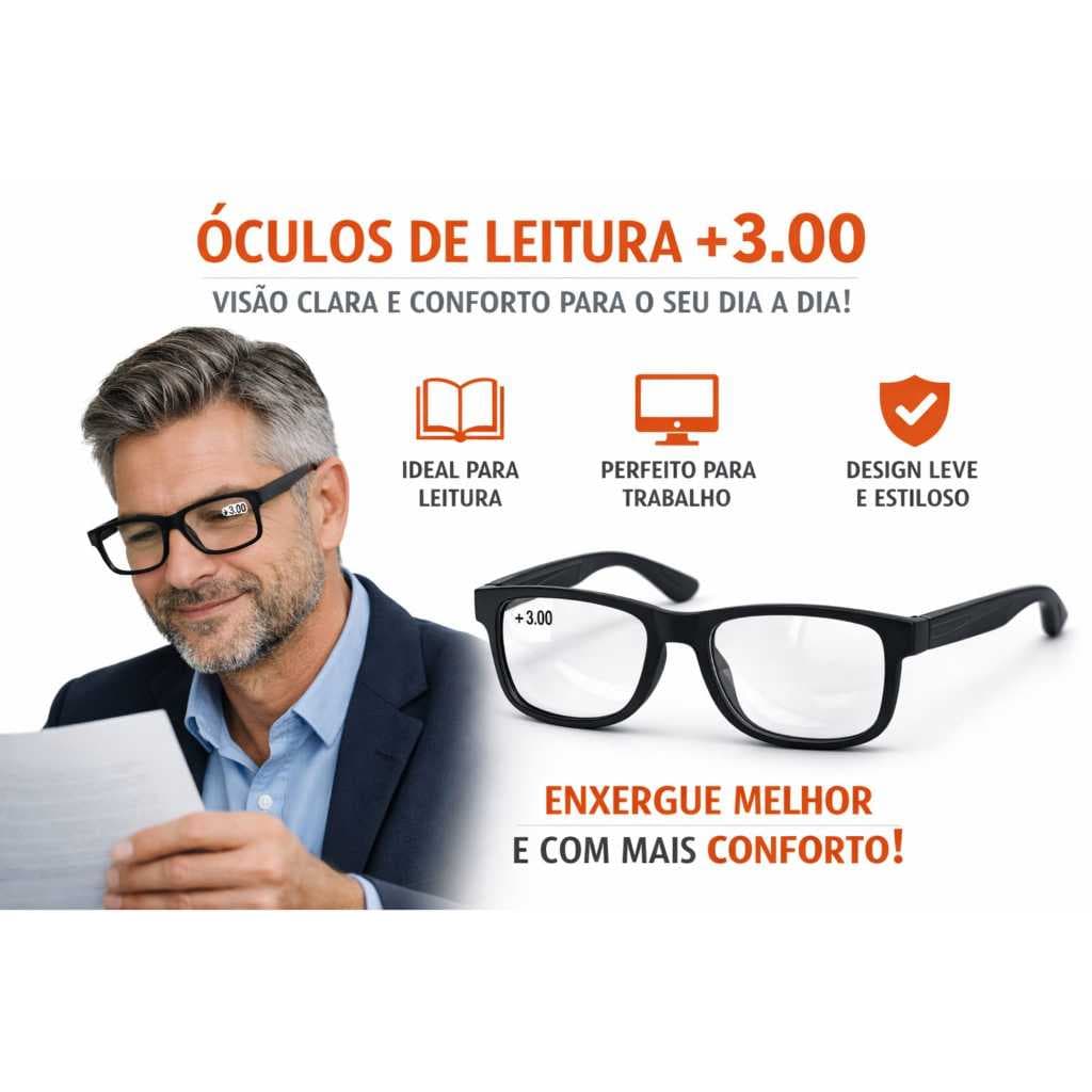 Óculos de Leitura Masculino Emborrachado Preto Leve Confortável +0.50 a +5.00 Anti Fadiga Para Celular Livro e Computado