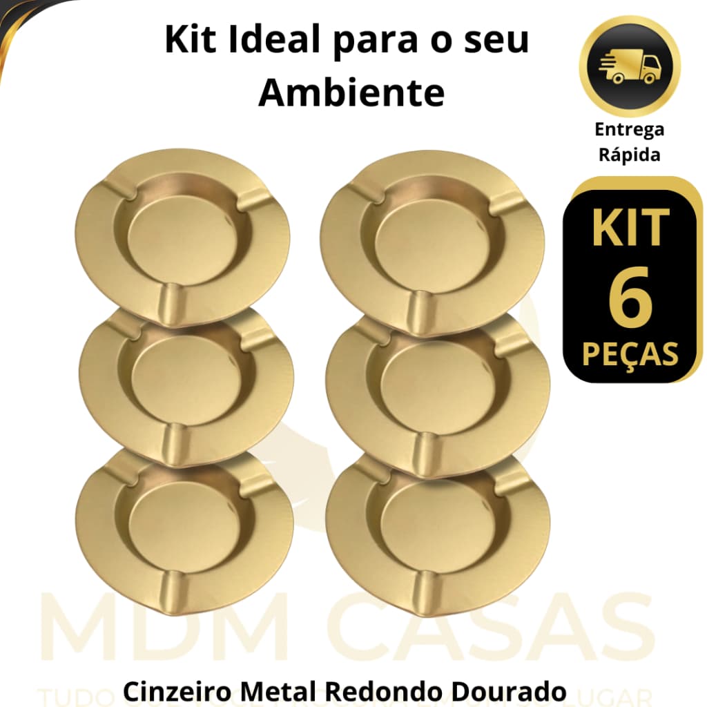 6 ou 3 Cinzeiros Redondo Dourado Metal Resistente Lavável
