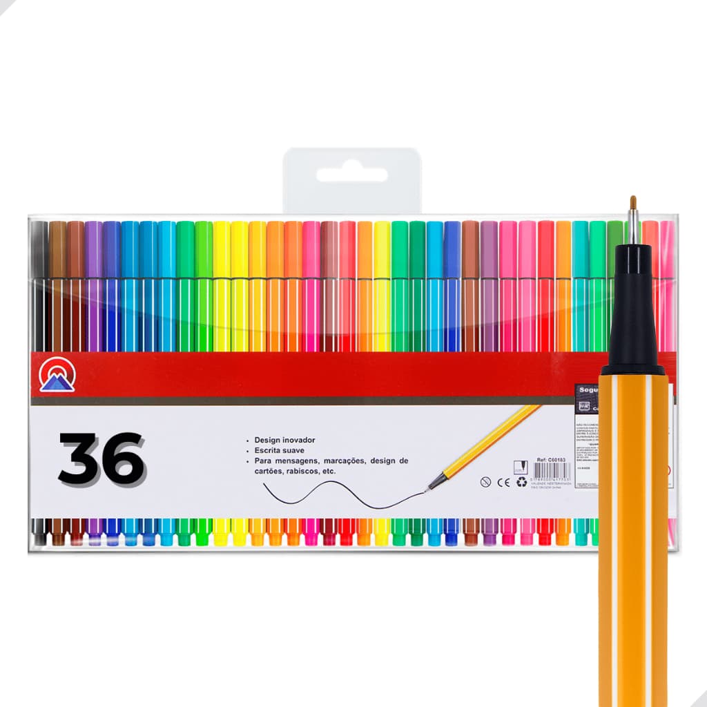 Kit 36 Caneta Fine Line Ponta Fina 0.4 Hidrográfica Colorida Escolar Para Lettering e Pontilismo