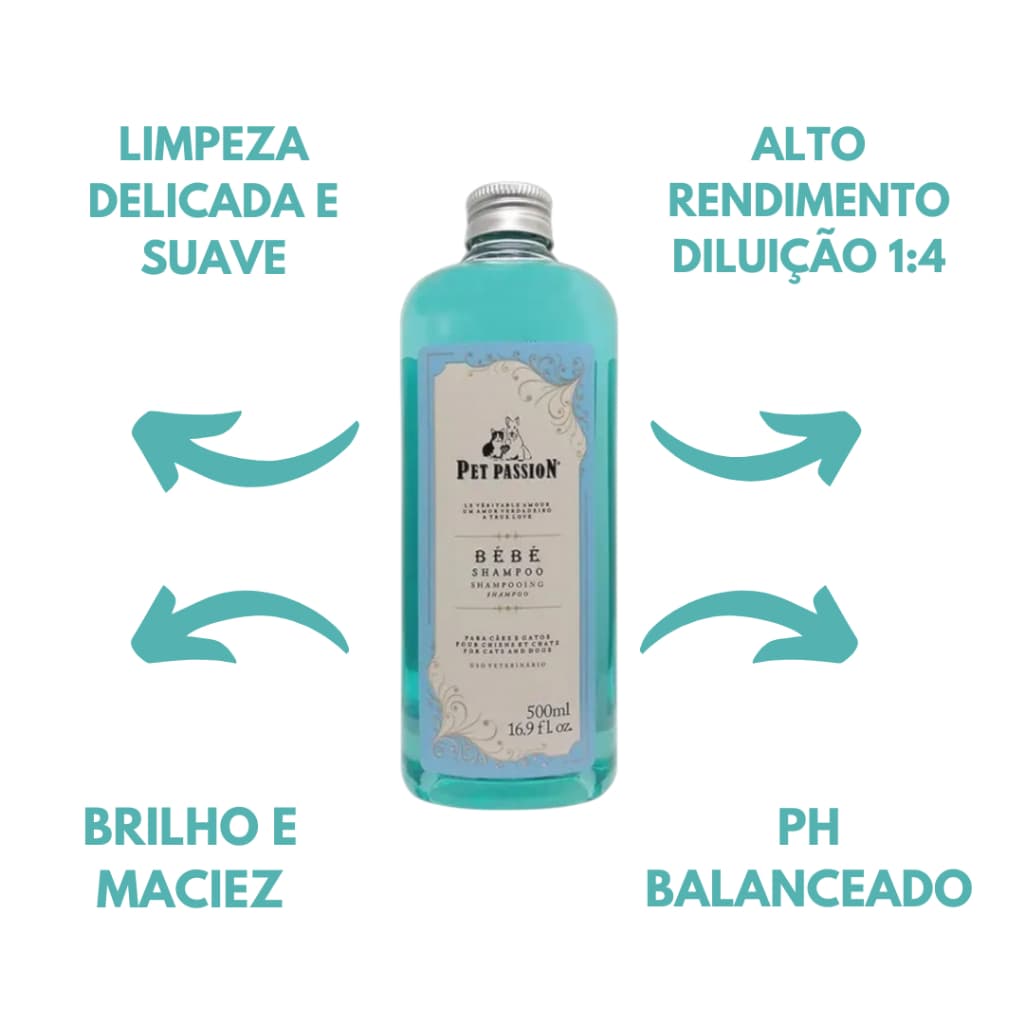 Shampoo Bebe Pet Passion 500ml Limpeza Suave Diluição 1:4 Shampoo de alto rendimento Hipoalergenico