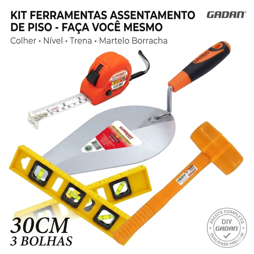Kit Ferramentas Para Assentar Piso Faça Você Mesmo Colher Nível Trena Martelo Borracha