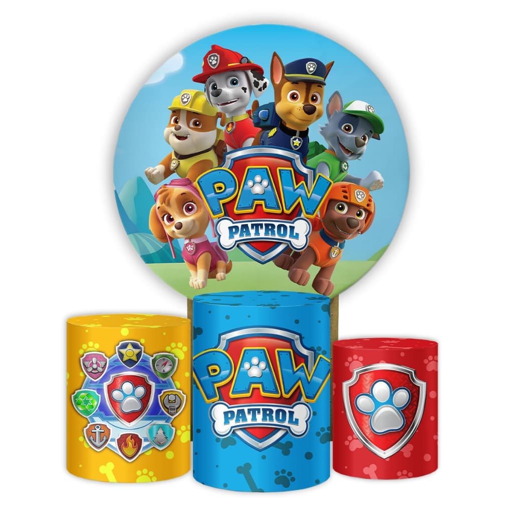 Capas de Painel Redondo + Cilindro Decorativo Tema Desenho Patrulha Canina Completa Infantil