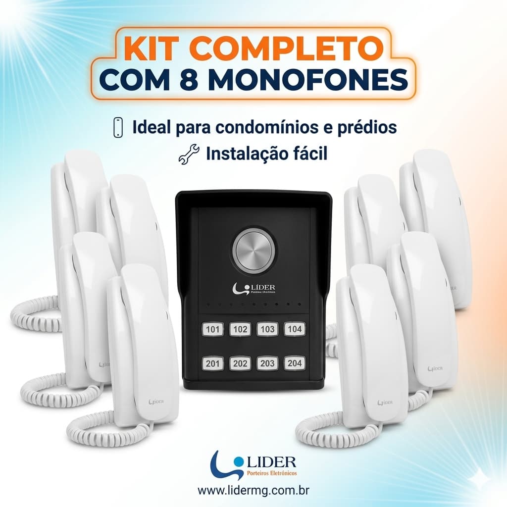 kit Porteiro Eletronico Coletivo Líder + 8 Monofones LR2015 Para Condomínio