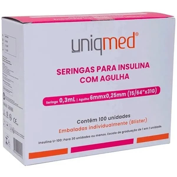 Seringa Insulina 0,3ml UniqMed c/ Agulha Fixa 6mmx0,25mm Caixa 100un