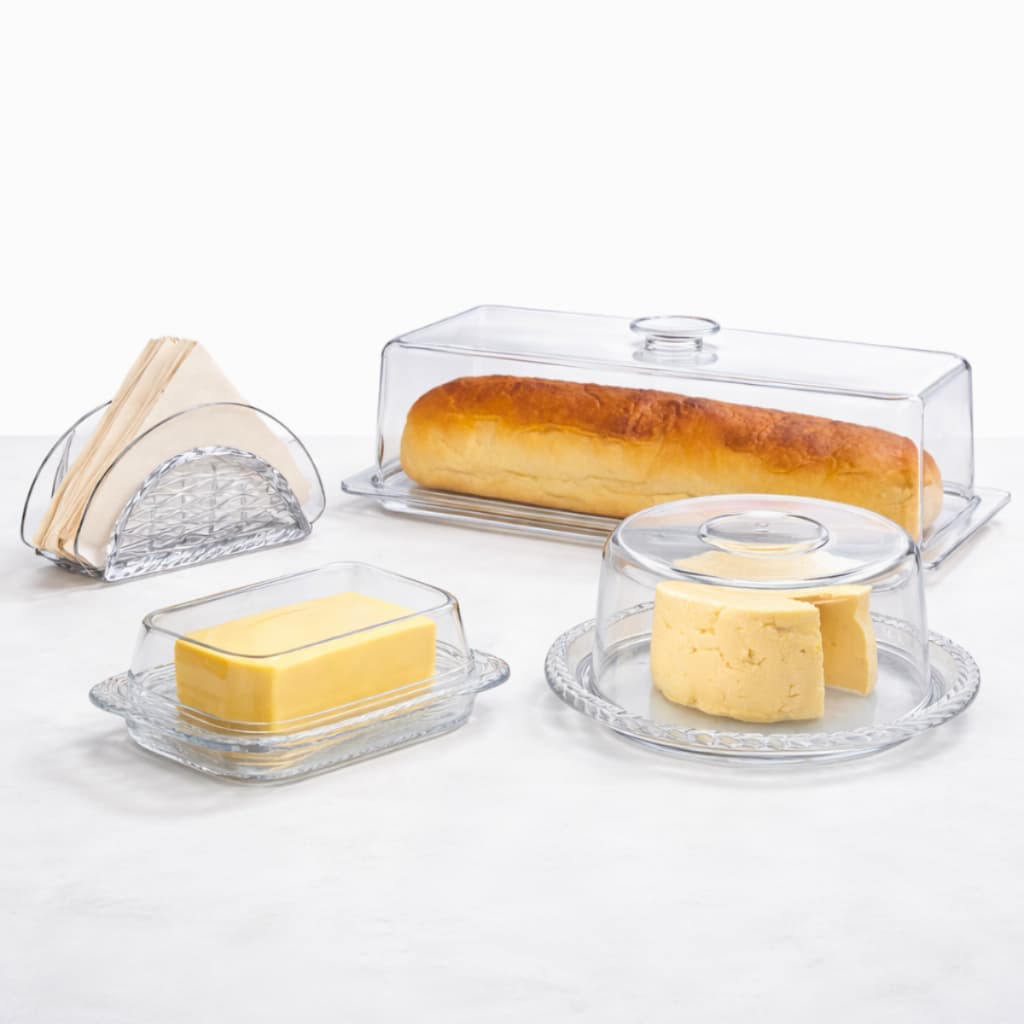 Kit Mesa Posta Queijeira com Tampa Manteigueira Porta Pão Guardanapo Kit 4 peças