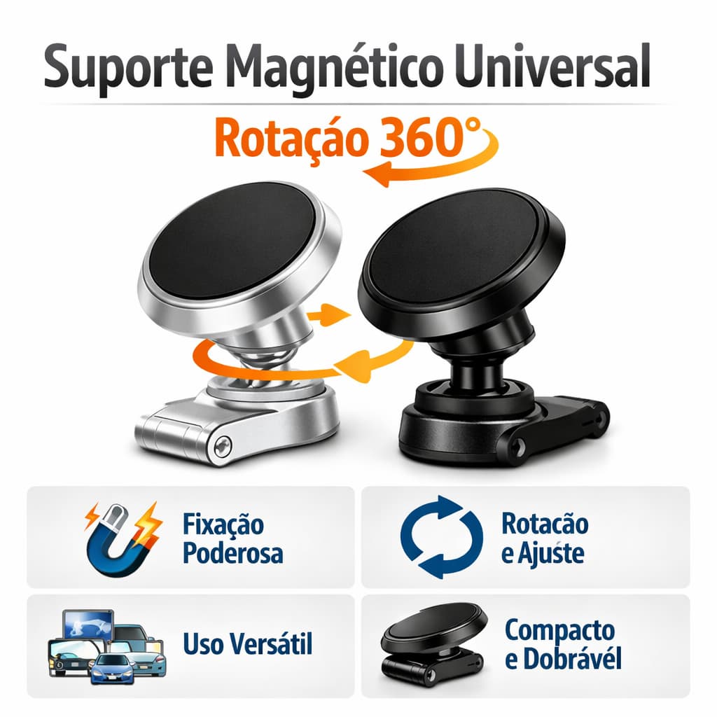 Suporte Magnético Universal Articulado para Celular com Rotação 360°