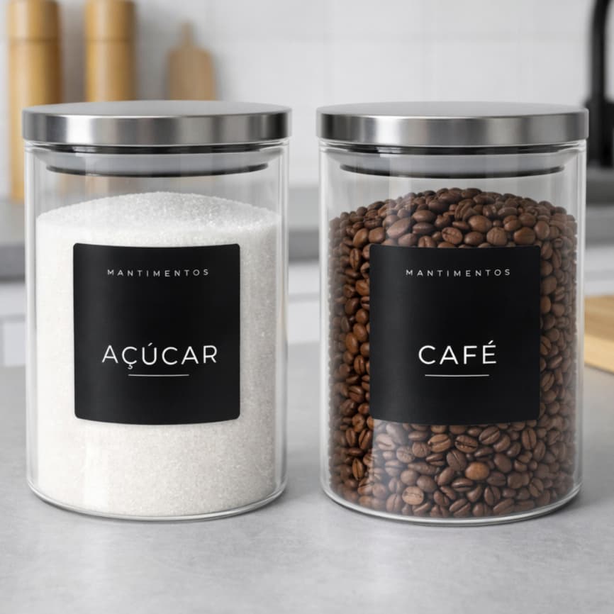 Conjunto 2 Potes Herméticos Tampa Inox Vidro 1 Litro Etiquetas Pretas Açúcar E Café