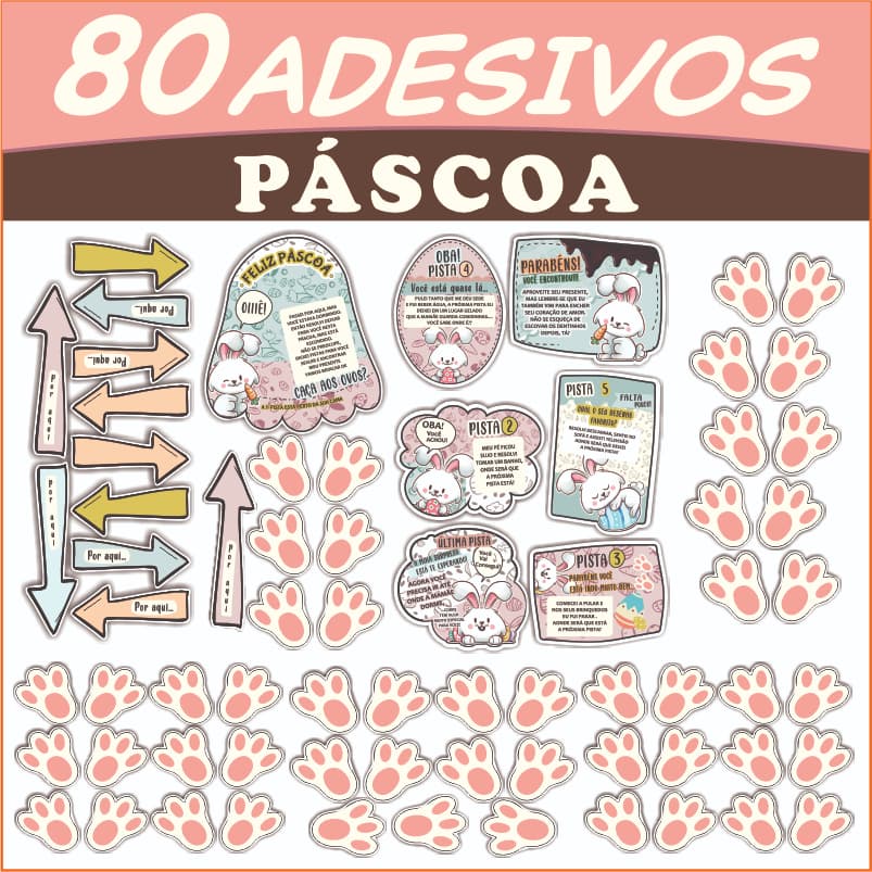 Kit 80 - 33 Adesivos Páscoa caça aos ovos - patinha de coelho - pegada - decoração - Aprova Dagua