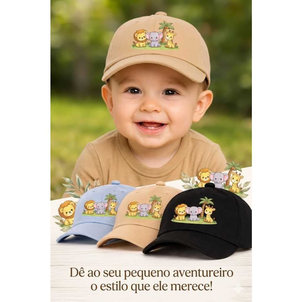 Boné Bebê Infantil Safari Animais Menino Menina Ajustável Premium Estiloso