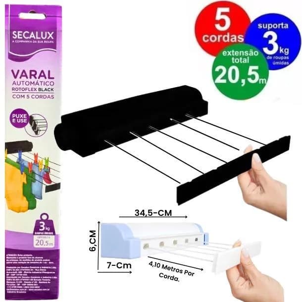 Varal Secalux Rotoflex Branco 5 Cordas Retrátil Automático – Fixação em Parede Fácil de Instalar