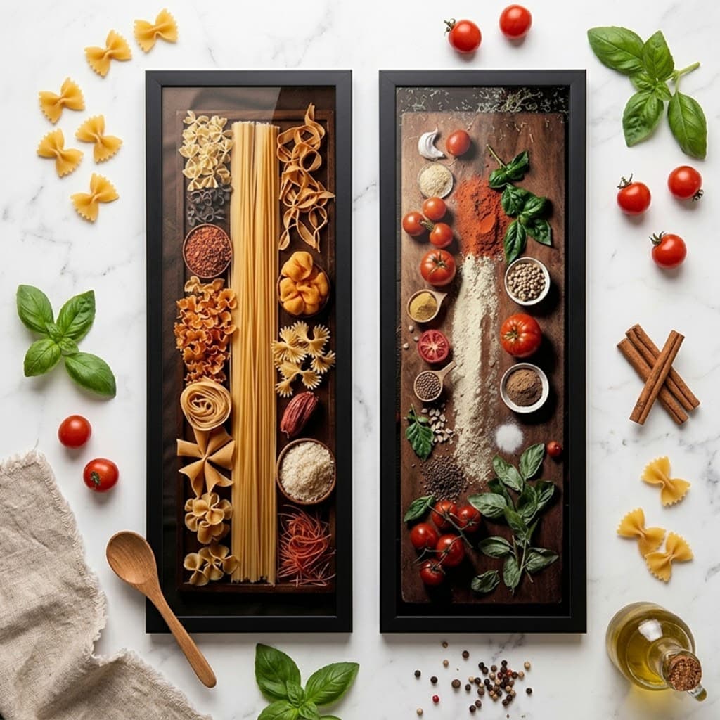 Kit 2 Quadros 18x45 Cozinha, Bistrô, Área Gourmet, Massa, com moldura e vidro